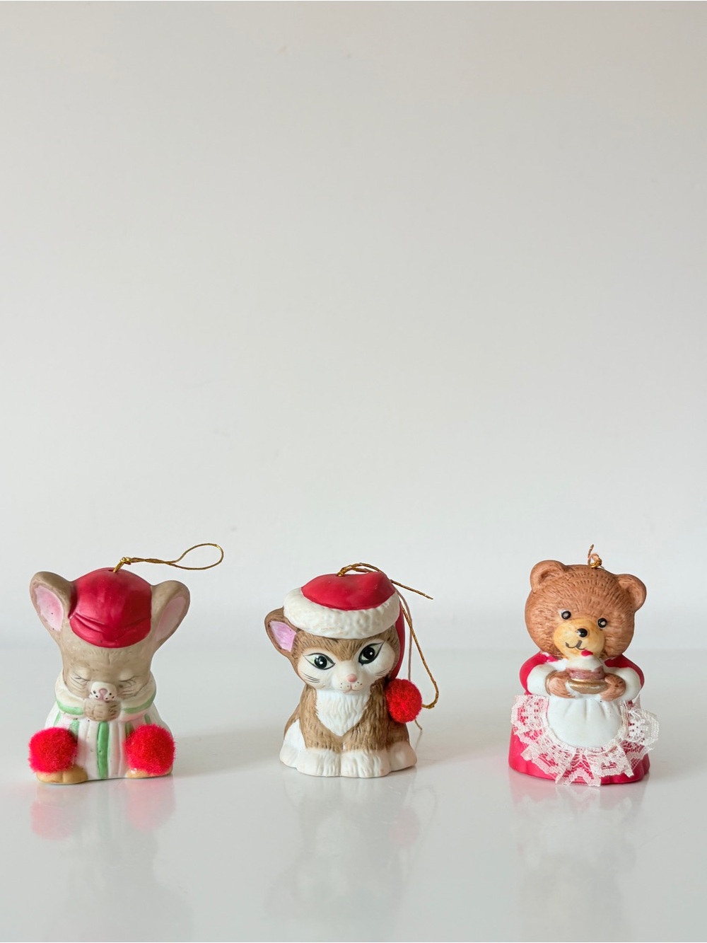 3 Vintage Jasco Lil’ Chimers Bell Ornaments Christmas Cat Mouse Bear 1980s